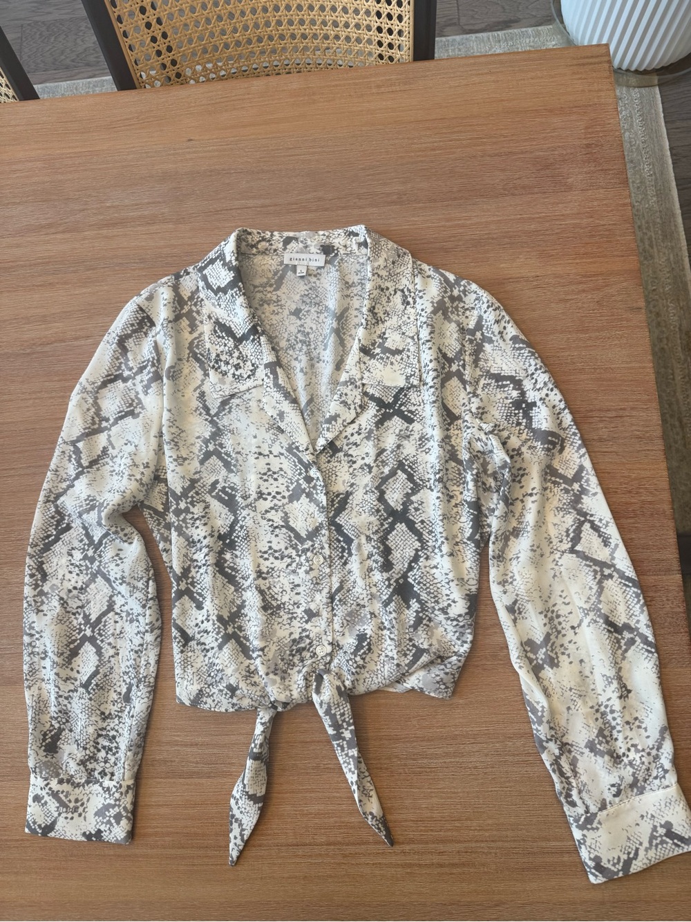 Gianni Bini Black and Cream Snake Print Tie-Front Blouse